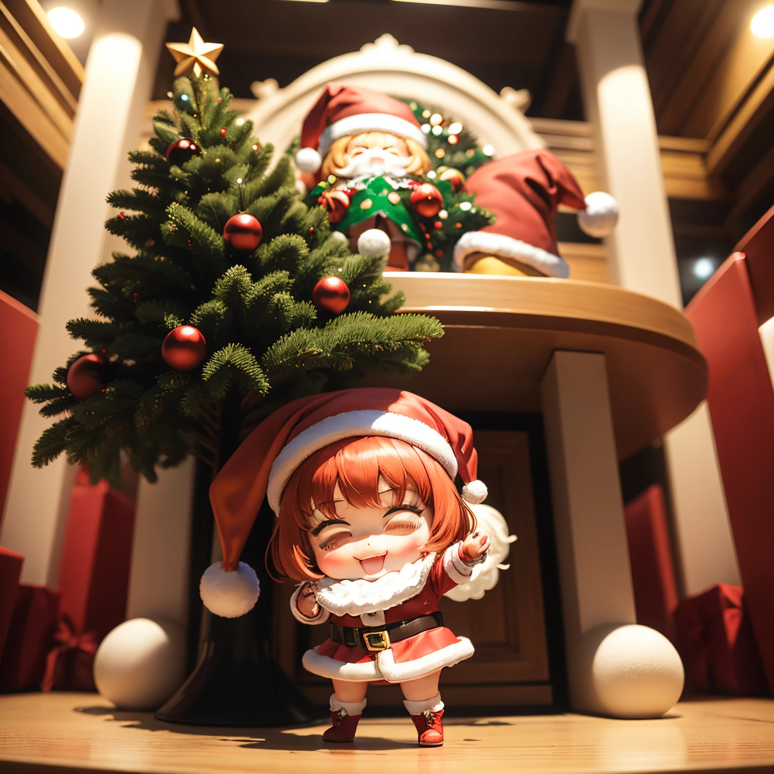 masterpiece、top-quality、ultra-detailliert、(Chibi Chara's Daughter:1.2)、Christmas(Santa Claus Cosplay:1.2)、Christmas tree、drop light、Full-body standing figure、Open your mouth and smile