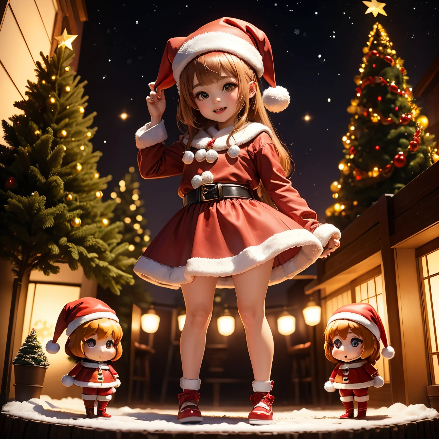 masterpiece、top-quality、ultra-detailliert、(Chibi Chara's Daughter:1.2)、Christmas(Santa Claus Cosplay:1.2)、Christmas tree、drop light、Full-body standing figure、Open your mouth and smile