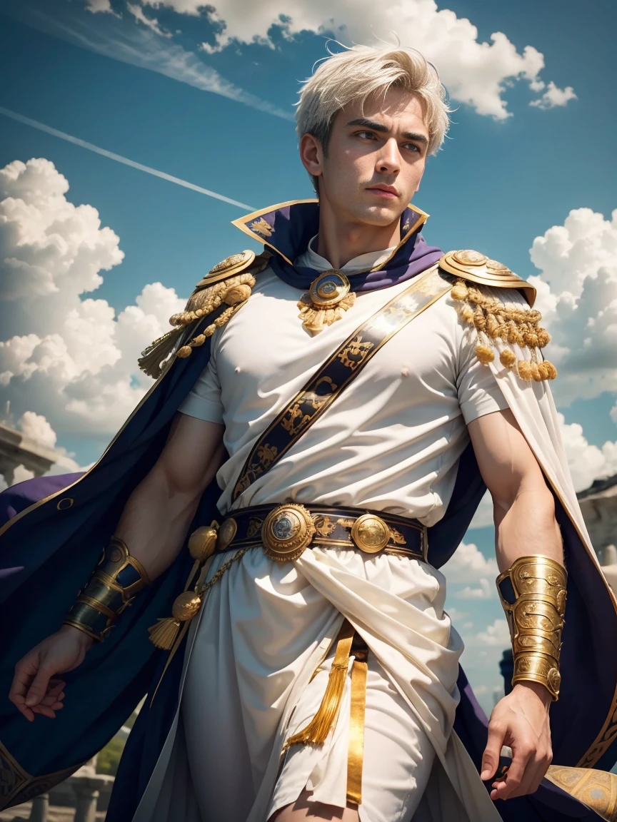 Roman Emperor Constantine the Great。Adults。1 male。Calm and serious expression。calm and authoritative。forceful。Late Roman Empire。late roman costume。has eyes like a lion。thick neck。broad shoulder。It's peaceful but、Be ruthless when necessary。clear sky。white clouds。golden cross。masterpiece。top-quality。Ultrarealistic。vivid。detaileds。Cinematic。Super visual beauty。