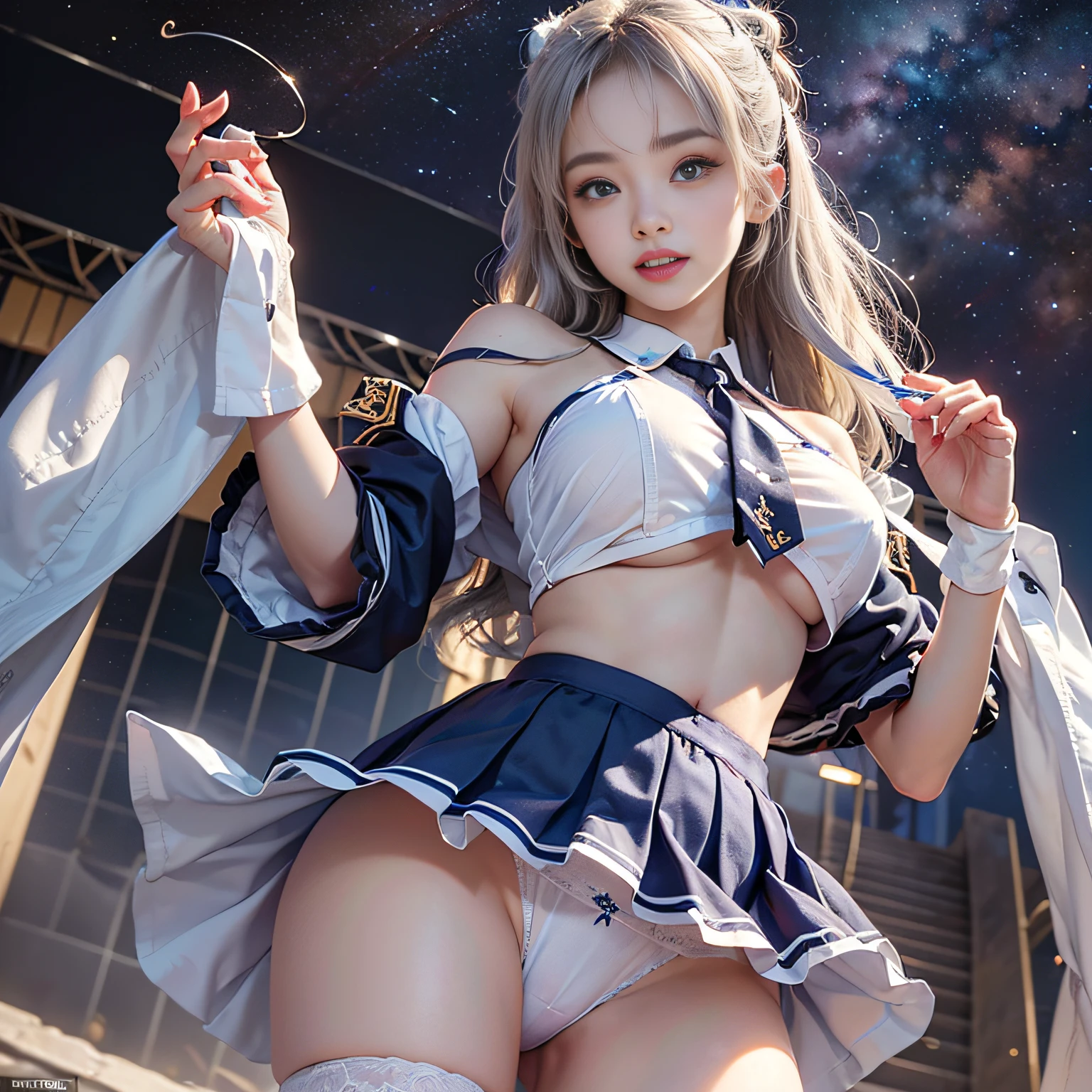 Blonde gray hair, Straight hair, Spread hair, Long hair, PUPILS SPARKLING, long eyelashes, Blue eyes, makeup, Smile, Color Field Painting, Contemporary art,double whirlwind pattern design garment,Iris heterochromatic pupil,((girl with silver ponytail))((off-shoulder white sailor uniform)),((red necktie))、((Navy blue detailed flared miniskirt))((Black stockings))((Black High Heels))、Wallpaper HD of,off shoulders、((erectile nipple))、(Puffy eyes:1.2)、 (Slim legs),(Light shines on the face and chest)、(((((underboob)))))、Lower breast、Oily skin、skinny、 (the underside of the chest is slightly visible),(Visible lower milk、I can see your belly button and ribs)、Hip bones and lower abdomen are visible、Dark blue flared skirt、(lift up skirt),((White T-back panties visible)),((Milky Way galaxy in the background))、 Northern Renaissance, Blurred, blending, From below, From Side, the panorama, ultra wide-angle, Wide Angle, F/1.8, 135 mm, canon, nffsw, retinas, masutepiece, Elaborate, Anatomically correct, Skin Texture, Super Detail, high detailing, High quality, hight resolution, 1080p, hard disk, 4K, 8K, of the highest quality, Sexy Pose , ((cheer girl)), serafuku, Japanese school sailor uniform, darkblue pleated skirt:1.27), (From below, White thong, 1.24),(top-quality)、 (masterpiece)、(Professional lighting with fewer shadows)、 (A hyper-realistic)、 (perfect anatomia)、 (In front of the camera、There are two women、Bangs and forehead、And moles under the eyes), (Bright and even whitening skin without wrinkles and steps:1.5), (Beautiful blue eyes with long eyelashes and red tear bags:1.5), (Two people proudly sticking out their chests in front of the camera.:1.2), (Another person on the other side、Turned back with arched hips)、