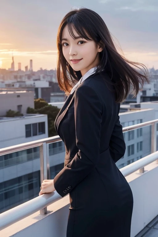 masutepiece, Best Quality, hight resolution,Detailed face,1girl in, Japanese,large full breasts,Smile,(Simple business suit,Jacket,pencil skirts:1.1),high-heels,tokyo prefecture, On the rooftop, Overlooking, bustling city, urban jungle, highrise buildings, a panoramic view, Sunset, sky line,Windy,(:1.5),Office,Open mouth,from the rear,Spread legs,Windy,Accurately depict large eyes, a small face,