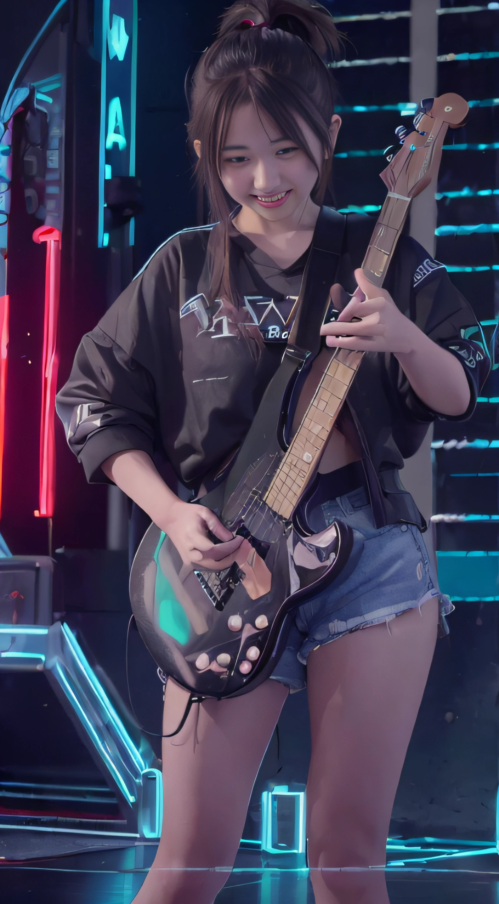 (((RAW image quality:1.4)))、8K分辨率、Girl playing guitar on neon stage, enticing, Mischievous smile, Muse, Stunning, Ultra-realistic volume detail, Unreal Engine