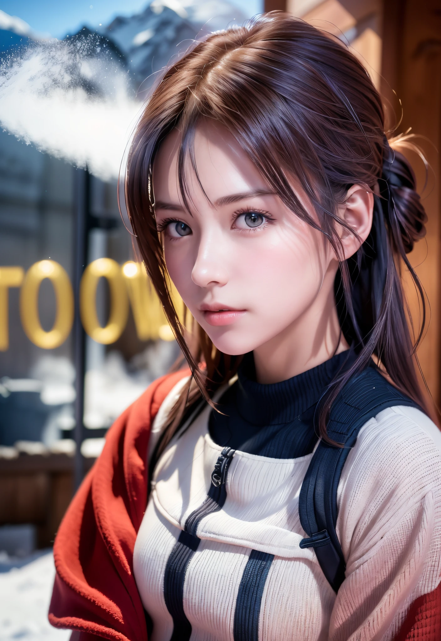 8K, of the highest quality, masutepiece:1.2), (Realistic, Photorealsitic:1.37), of the highest quality, masutepiece, Beautiful young woman, Pensive expression,、A charming、and an inviting look, skiing、snowboarder、Ski Wear, Hair tied back, Cinematic background, Light skin tone、Ski Resort Background