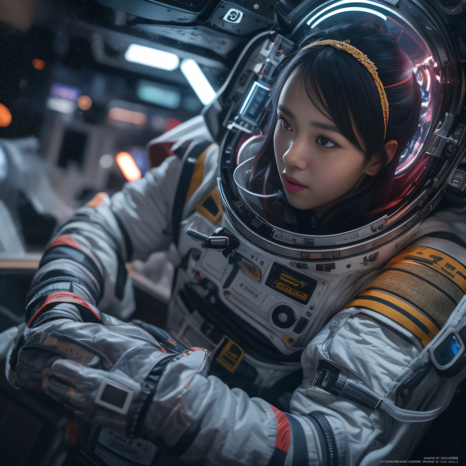 16k, RAW photogr, top-quality，Half a body，Lateral face，Look up at the perspective, tmasterpiece（hyper HD）with short brown hair，outerspace，inside a space station （realistically：1.4），Spacesuit， A high resolution， the detail， RAW photos， sharp re， Nikon D850 film photo by Jefferies Lee 4 Kodak Portra 400 camera F1.6 guns, Lots of colors, Hyper Real、Vivid textures, dramatic lights, Unreal Engine Art Station Trend, Silicon Nest 800，