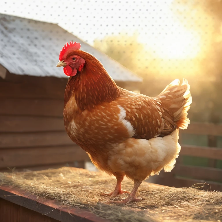 There is a chicken standing on a pile of hay in the barn, anthro rooster, chicken, the king of rooster, chicken on car roof, chicken, illustration of a rooster, window shutters, Anthropomorphic chickens, Portrait shooting, photo shot, chicken dressed as an inmate, brilliant morning light, golden morning light, morning prime time, Feather