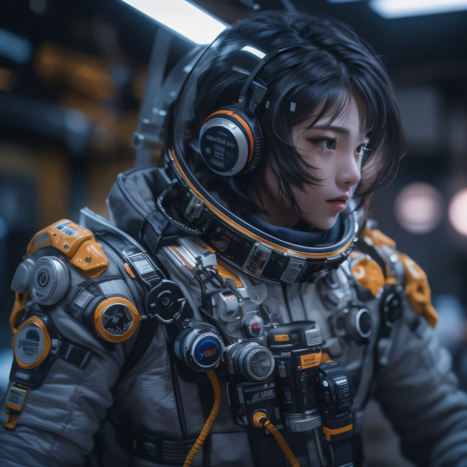 16k, RAW photogr, top-quality，Half a body，Lateral face，Look up at the perspective, tmasterpiece（hyper HD）with short brown hair，outerspace，inside a space station （realistically：1.4），Spacesuit， A high resolution， the detail， RAW photos， sharp re， Nikon D850 film photo by Jefferies Lee 4 Kodak Portra 400 camera F1.6 guns, Lots of colors, Hyper Real、Vivid textures, dramatic lights, Unreal Engine Art Station Trend, Silicon Nest 800，