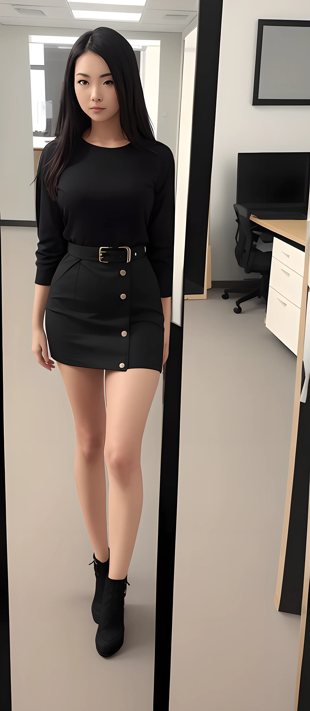 there is a woman standing in a room with a mirror, Front portrait, full-body close-up shot, female in office dress, high-waist-black-skirt, 3/4 front view, Bottom Angle, full - body - front - shot, front side full, close body shot, detailed photo, Portrait photos, mid-view, full-length shot