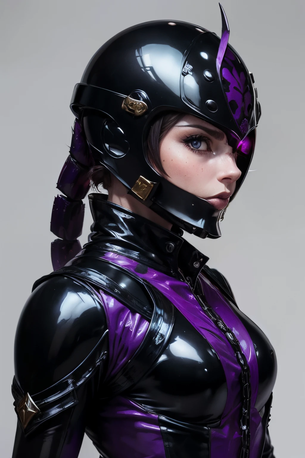 A helmet with a scorpion motif. woman. She is wearing a black latex suit. Striking decoration.chain and sickle. Alchemy style equipment. Her image color is purple.