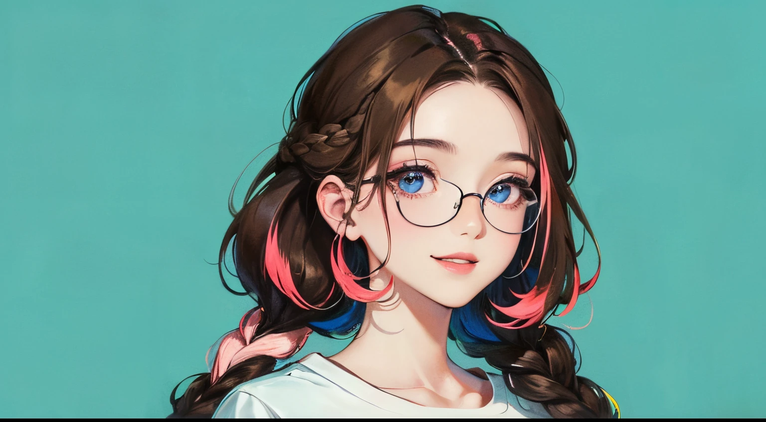 (((1人の女性)))、(Highest high resolution、distinct_Image of a) Best quality、(((pop inspo)))、80s of the 20th century、((multicolored background))、((illuminated))、eye glass、The is very detailed、Semi-realistic、Brown hair、((cosmetics)),braid hairstyle、A smile、By bangs、20yr old、年轻、((tee shirt))、exquisite facial features、facial feature、look from down