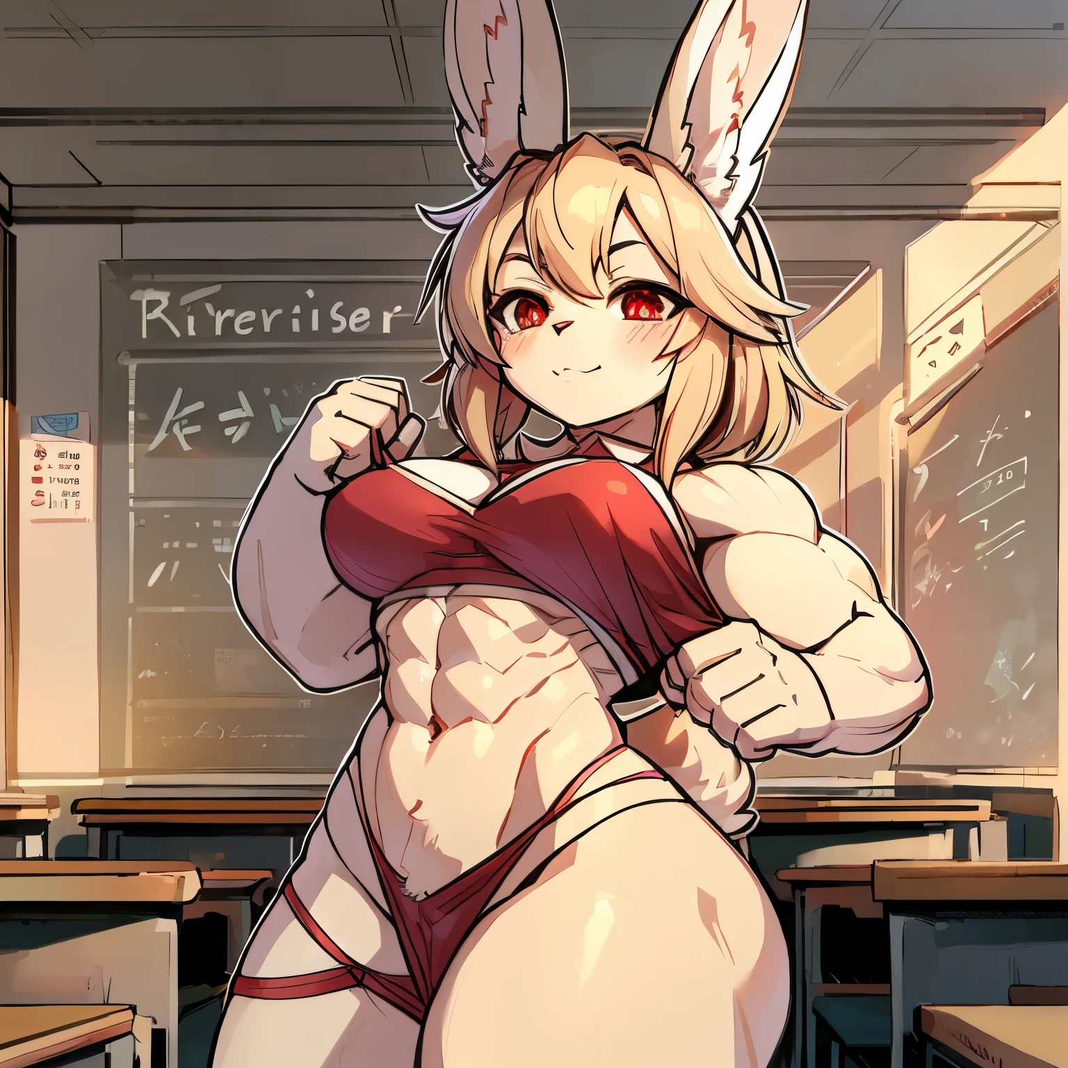 Masterpiece, High quality, 2d lineart, kemono, 1girl,fennec rabbit, white fur, ruby eyes, fennec rabbit ears, gym on background, muscle hands, sexy