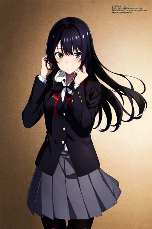masterpiece, top-quality, 1girl in, cowboy shot, Delicat eyes,long_hair, Black_hair, trembling, bow ribbon, School_uniform, long_sleeves, jaket, looking at the viewers,Black pantyhose,Takina Inoue