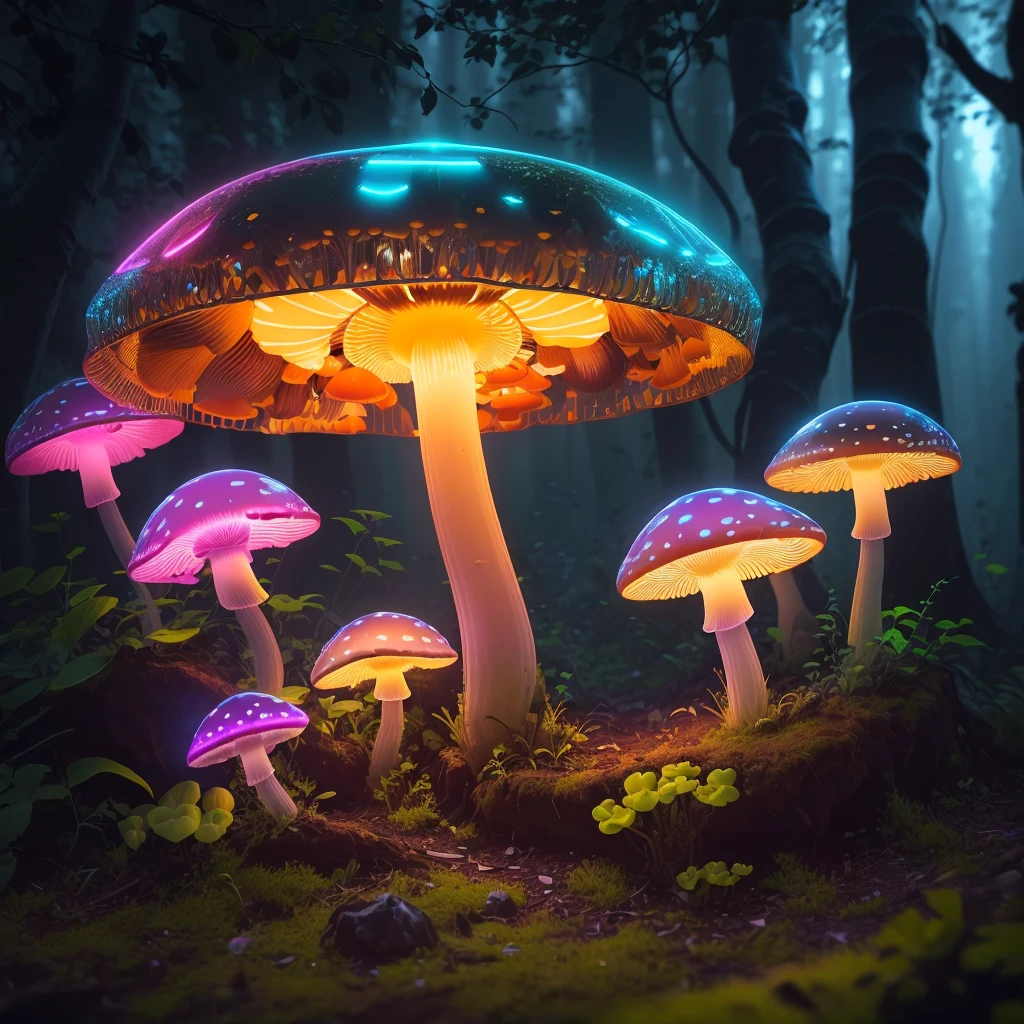 1 transparent glowing mushroom, ((Alone)), Colorful transparent luminous plastic，cyber punk personage，industrial design，cleanness，luminous neon lights，forest backgrou，ultra-realistic realism，hyper HD，high detal，Best quality，8K