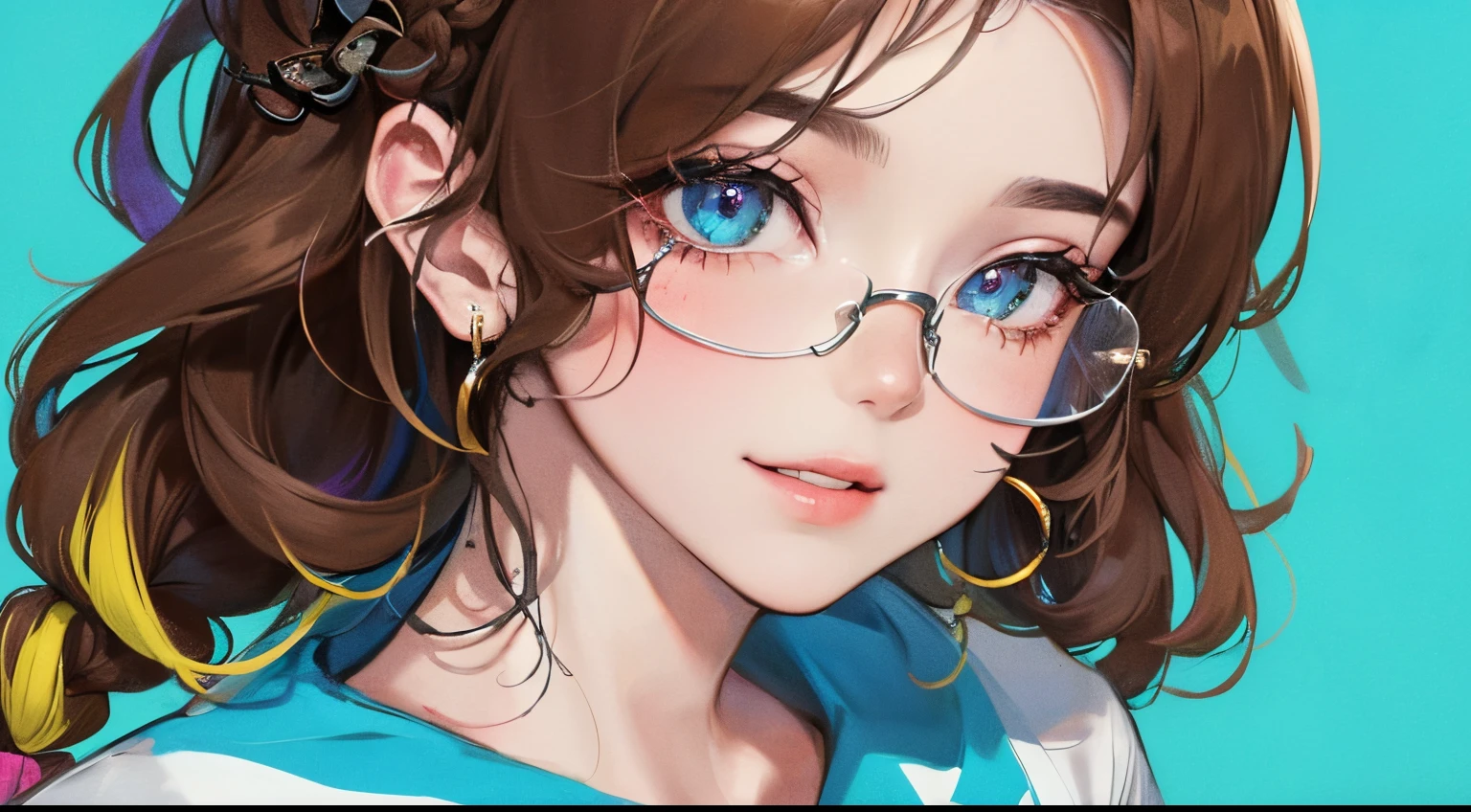 (((1人の女性)))、(Highest high resolution、distinct_Image of a) Best quality、(((pop inspo)))、80s of the 20th century、((multicolored background))、((illuminated))、eye glass、The is very detailed、Semi-realistic、Brown hair、((cosmetics)),braid hairstyle、A smile、By bangs、20yr old、年轻、((tee shirt))、exquisite facial features、facial feature、look from down