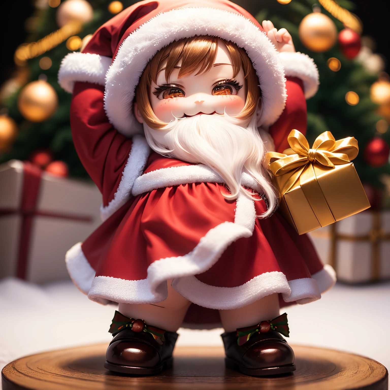 ​masterpiece、top-quality、ultra-detailliert、(Chibi Chara:1.2)、Christmas(Santa Claus Cosplay:1.2)、Christmas tree、drop light、Full-body standing figure、Open your mouth and smile