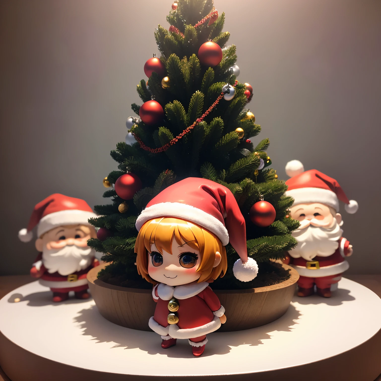 masterpiece、top-quality、ultra-detailliert、(Chibi Chara:1.2)、Christmas(Santa Claus Cosplay:1.2)、Christmas tree、drop light、Full-body standing figure、Open your mouth and smile