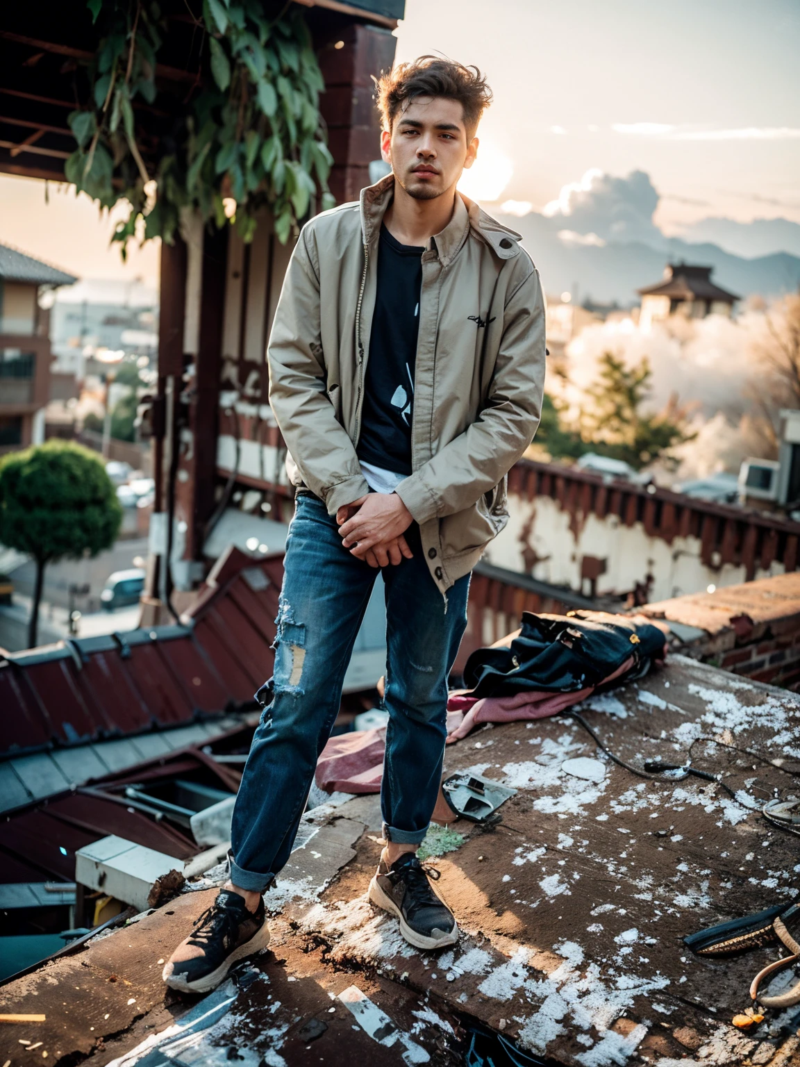 arafed man standing on a roof with a brick wall, full body picture, with a cool pose, standing on rooftop, full body photogenic shot, very artistic pose, casual pose, standing on a rooftop, on rooftop, with accurate face, cool pose, full body portrait shot, around 1 , riyahd cassiem, full body in camera