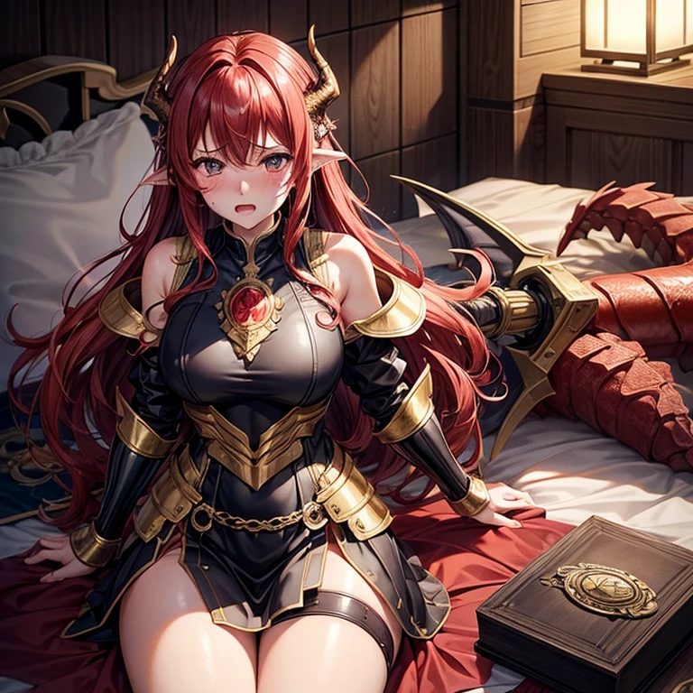 Delicate woman with fiery red wavy hair、tough black and gold armor、Rin々Facial expressions、Large shield、Great sword(Dragon Killer)、dragon horn on head、Luxury bed、drenching、lightning bolt、no panties,pussy juice,vagina,(dildo in the vagina),(Masturbate)、Wet、embarrassed from、red blush、Teary-eyed、(orgasm)