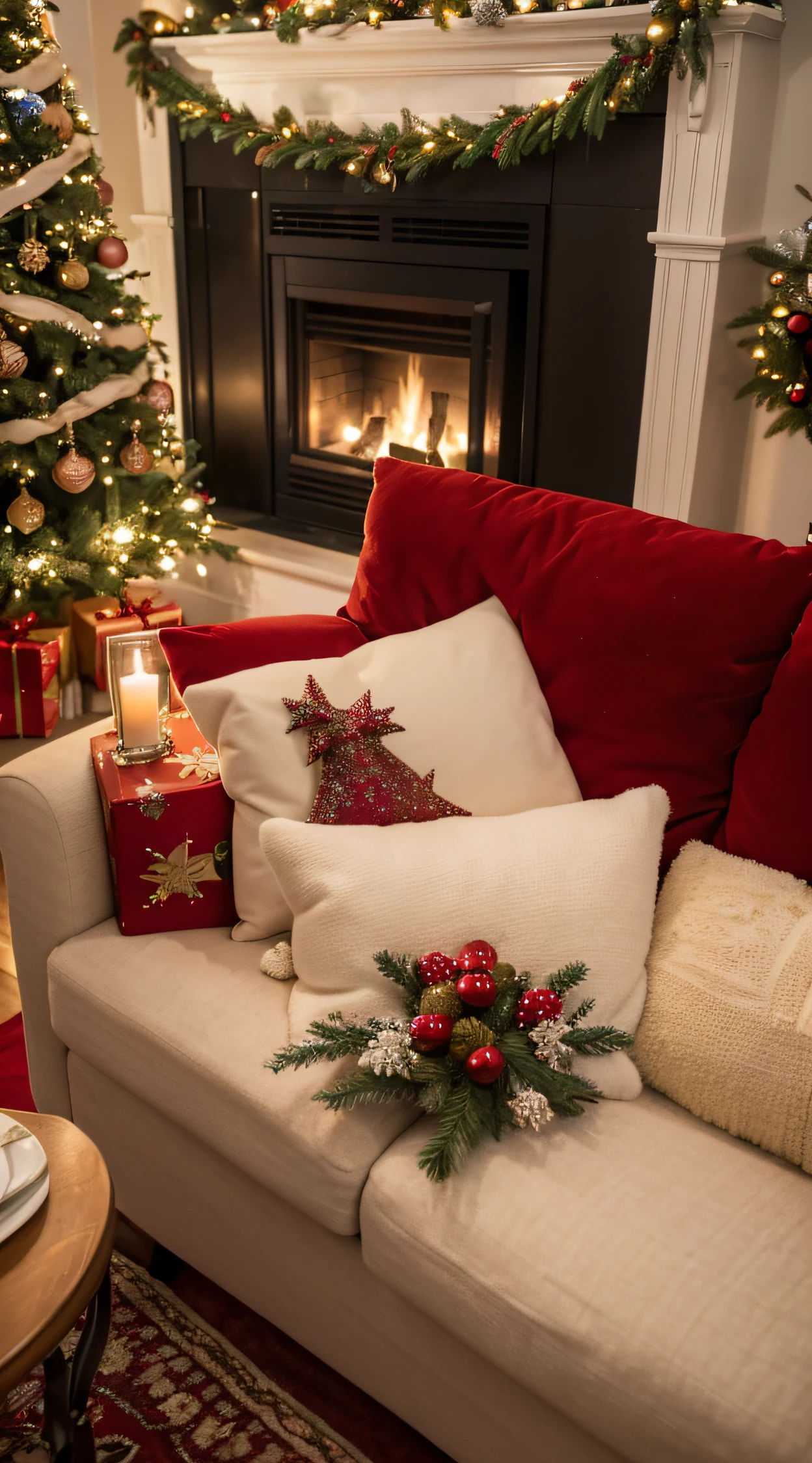 (Best quality at best,4K,8K,A high resolution,tmasterpiece:1.2),ultra - detailed,(actual,realisticlying,Photorealistic:1.37),Modern Christmas Furniture Design,Detailed Christmas tree decoration,Decorative stockings hanging on the fireplace,There are festive and colorful gifts under the tree,Cozy and warm fireplace,Modern living room full of Christmas spirit,Stylish and elegant furniture,Soft and comfortable sofa,Sparkling Christmas lights,Sparkling ornaments,Stylish coffee table,Comes with holiday themed centerpieces,glittering tinsel,Beautifully wrapped gift,Elaborately designed Christmas wreath,Fireplace lights dance on the walls,plush fluffy rug,Contemporary art works with holiday themes,Hot candlelight creates a cozy atmosphere,Delicate snowflakes are falling outside the window,A joyful and festive atmosphere,Charming winter wonderland scene,A rich and vibrant color palette,Evoke feelings of joy and celebration.