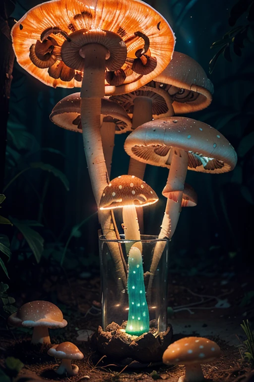 8k hyper realistic CG, mushroom garden, (bioluminescent mushrooms:1.4), reflecting a complex design, powerful splashes of intense dark vibrant divine, neon 4d objects, alien, digital art, nightmare, volumetric rainbow illuminating ethereal presence, tiny bioluminescent fairies, an extremely delicate and beautiful, 
depth of field,