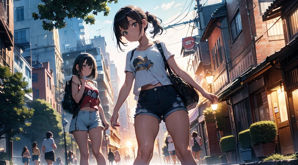 4K, masterpiece, 8k, high quality, 最high quality, Spring in the park, At dusk,Children have fun playing with the playground equipment,Short black hair in twin tails,iris,Blunt bangs,freckles,Very short,Camel Toe,Embarrassing,sneakers,Very small ass,Very thin thigh,Flat Chest,Short denim mini skirt,Open Fly,Tsundere,Printed T-shirt,belly button, Accurate and detailed beautiful female fingersHANDS ON HER HIPS, FOCUS SHE IS SHOWING HER ASS, WHOLE BODY VIEW. FOCUS BACK VIEW.