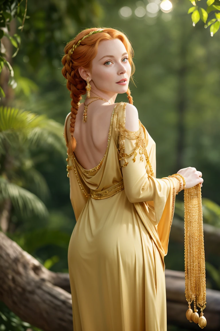 (Grace Kelly:Marilyn Monroe:0.5), A 35-year-old woman with ginger hair, high detail face, high detail skin, detailed green eyes, twin braids, a gold necklace with a ruby pendant, wearing a plunging white Greek robe,  Roman sandals, gold bracelets on her arms, legs, forest in the background, masterpiece, extremely high detail, cinematic lighting, backlight, shallow depth of field, bokeh, sharp focus, RAW photo, from behind
