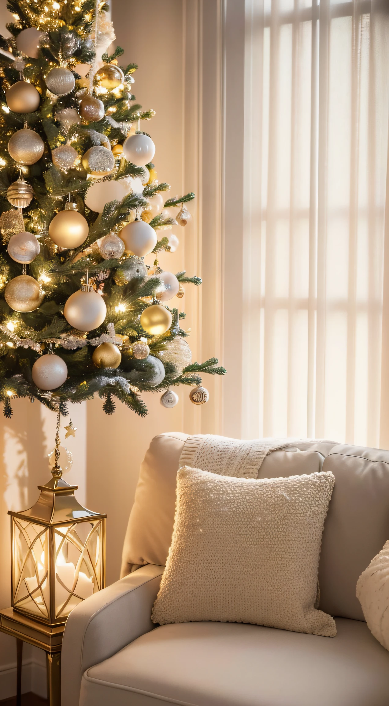 (Best quality at best,4K,8K,A high resolution,tmasterpiece:1.2),ultra - detailed,(actual,realisticlying,Photorealistic:1.37),Christmas atmosphere,Modern furniture,illustratio,hentail realism,pastelcolor,HighDynamicRange,stunning lighting effects,comfortable atmosphere,vivd details,Sparkling ornaments,Brightly lit Christmas tree,candlelight window,gentlesoftlighting,Reflectors.