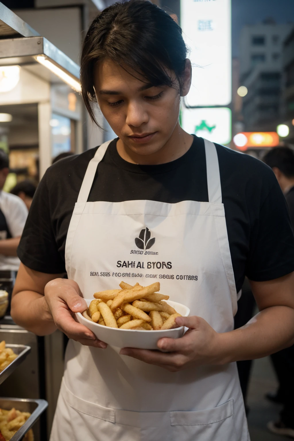 ((best quality)), ((masterpiece)), (detailed), perfect face a men a man is preparing fish and chips at a small kiosk. there are several customers queuing to buy, bukit bintang kuala lumpur malaysia, black shirt, one girl beside him eating mcd, there is a fish and chip semenyih logo on the apron,