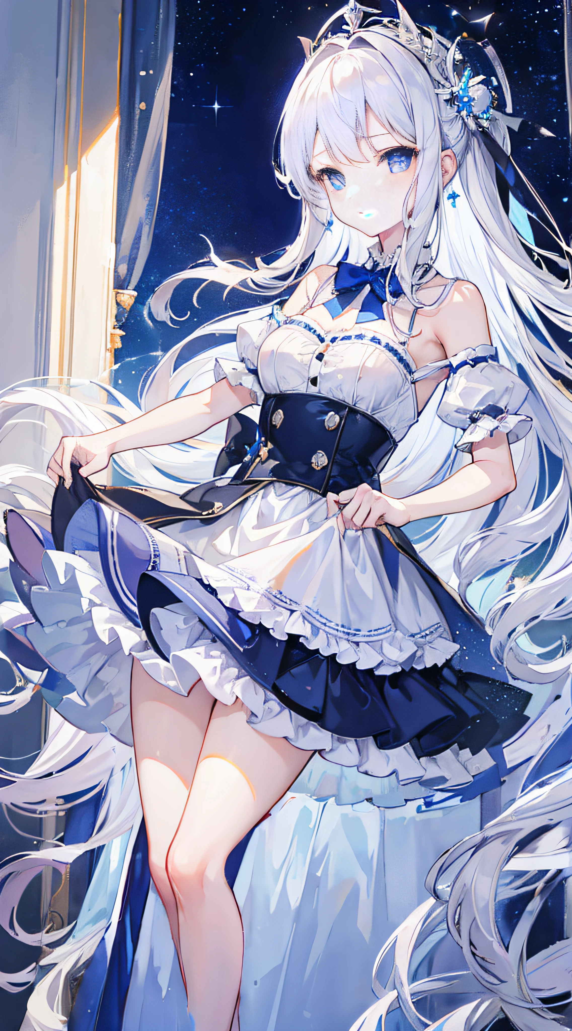 Long silver-white hair and waist，Scattered hair curtains，Two strands of hair curtains，crystal blue eyes，to emphasize，Caring for students，Gorgeous turn，Love to dance，Dark blue sailor dress off-the-shoulder dress，The skirt flutters when turning around，White bloomers reveal some，Light blue bow tie，Crystal hair accessories，Under the starry night sky，great white house，Chiquita，Medium build