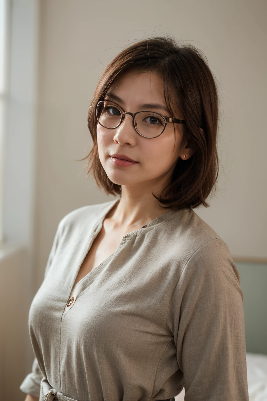 Generate a picture of a modern Chinese middle-aged woman,wears glasses,brunette color hair,Pastel solid background,Wear formal attire,Elegant intellectual,Positive,Overall warm color,Gentle eyes,Teacher temperament