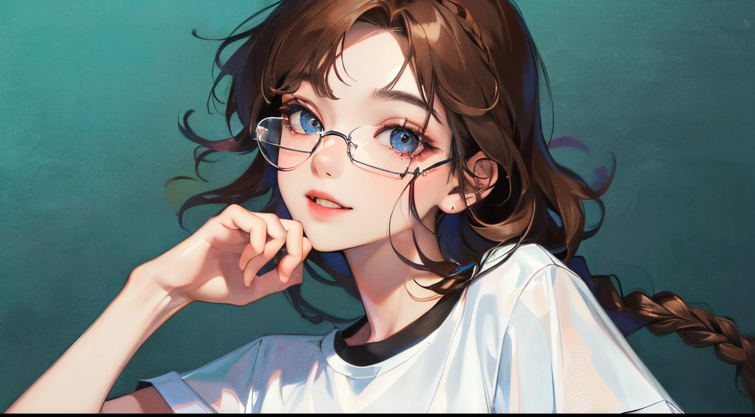 (((1人の女性)))、(Highest high resolution、distinct_graphic) Best quality、(((Popular inspiration)))、80s of the 20th century、((coloured background))、((illuminated))、eye glass、The content is very detailed、Semi-realistic、Brown hair、((cosmetics)),braid hairstyle、A smile、through bangs、20yr old、年轻、((tee shirt))、exquisite facial features、facial feature、Look from the bottom up