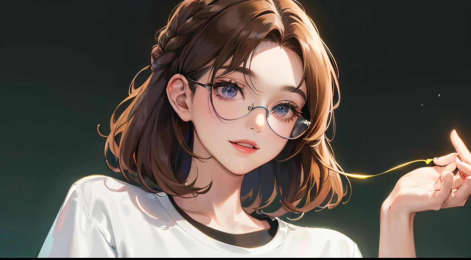 (((1人の女性)))、(Highest high resolution、distinct_graphic) Best quality、(((Popular inspiration)))、80s of the 20th century、((coloured background))、((illuminated))、eye glass、The content is very detailed、Semi-realistic、Brown hair、((cosmetics)),braid hairstyle、A smile、through bangs、20yr old、年轻、((tee shirt))、exquisite facial features、facial feature、Look from the bottom up