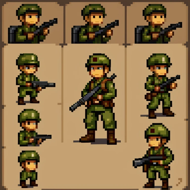 Solider with gun, ammo, shooting, ww2, sprite sheet, different angles, pixel art,pixelart