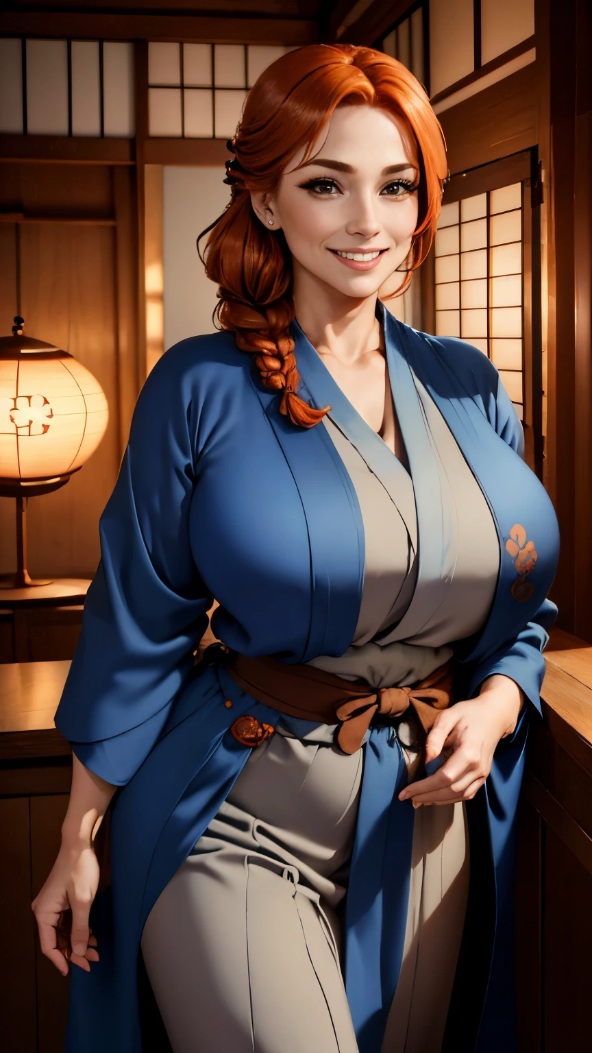 a picture of (1 woman), a 40-year- old Scottish woman, in a classic Japanese wooden house, wearing a loose blue silk kimono with poppy decorations, (((baggy blue kimono))) cinematic, UHD, masterpiece, anatomically correct, textured skin, natural blemishes , wrinkles,super detail, high quality, best quality, award winning, highres, 16k, HD, copper red hair in a braid, downturned brown eyes, broad smile, happy, flirty, ((downturned eyes)), ((middle aged)), massive breasts