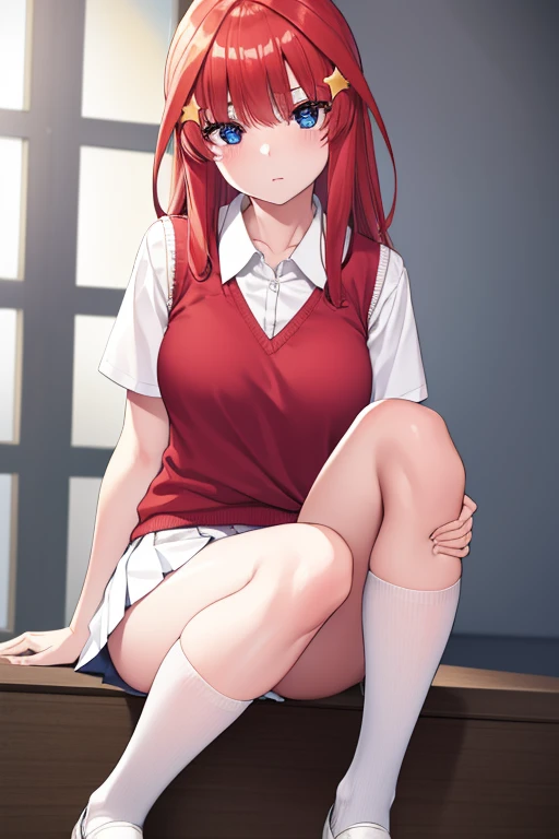 Satsuki Nakano, Itsuki Nakano, Bangs, Blue eyes, hair between eye, Ahoge, Red hair, Star \(symbol\), Hair Ornament, Star hair ornament,
BREAK skirt, Shirt, School uniform, 鎖骨, White shirt, Short sleeves, Pleated skirt, sox, Collared shirt, Miniskirt, knee high, White socks, Green skirt, Sweater Vest, Red Sweater Vest,
Break indoors, School, crass room,
BREAK looking at viewer, BREAK (masutepiece:1.2), Best Quality, High resolution, Unity 8k壁纸, (Illustration:0.8), (Beautiful detailed eyes:1.6), extra detailed face, Perfect Lighting, extremely details CG, (Perfect hands, Perfect Anatomy),White tights