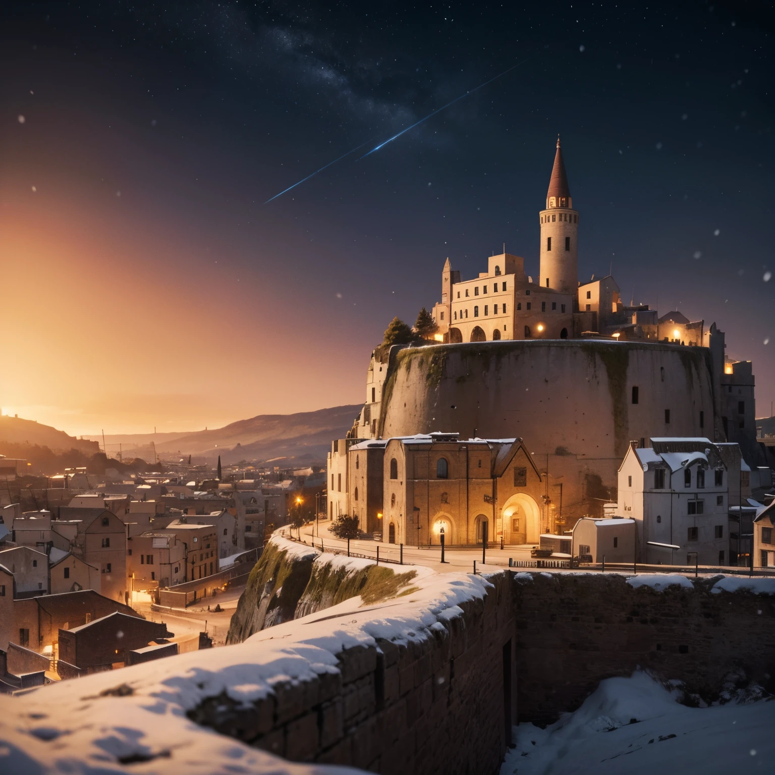 (A complex mini-town trapped in a cork bottle、matera landscape), atmospheric greenish lighting, Realism, Film grain, Super Detail, on the white desk, It&#39;s snowing in the bottle. 4K UHD, dark ambiance, Hyper Detailed, Brightly colored reddish sky background, epic composition, Octane Render, Sharp Focus, high-resolutionisometric, closeup view.