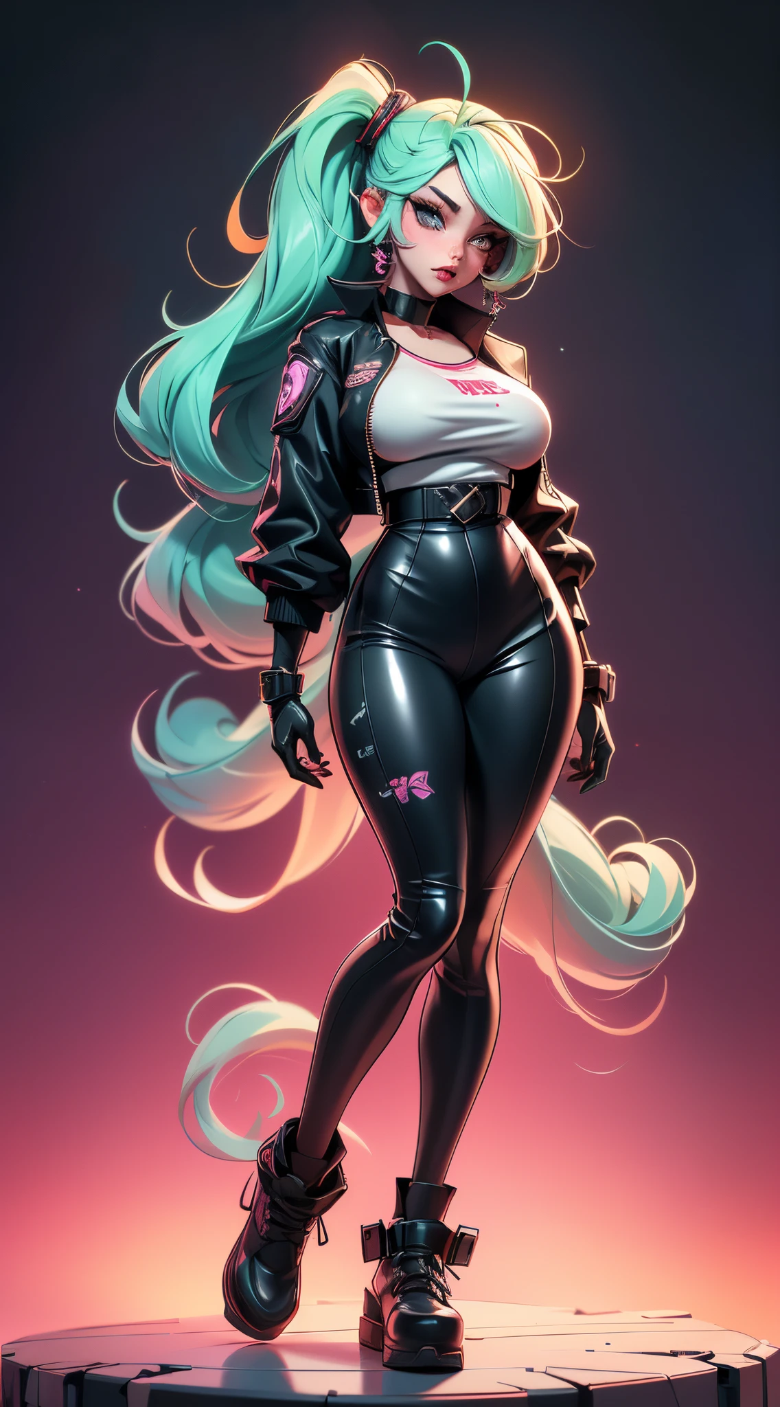 ((Best quality at best, Best resolution, award winning portrait, offcial art)), ((Perfect masterpiece)), ((actual)) and super detailed photography of 1nerdy cyberpunk girls with gothic and post-apocalyptic overtones. She's having ((Long mint-colored hair)), dressed in (Cyberpunk tech clothing top) And one more (Harajuku Style Cyberpunk Tech Clothing Bottoms:1.2) , ((The most beautiful and sexy aesthetic)), sexy for, super huge huge tits,