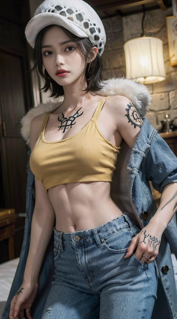 masterpiece, best quality, 8k,highestres, absurdres, extremely detailed, female trafalgar law, 1girl, 1sword, solo, looking at viewer, short hair, medium breasts, hat, navel, cleavage, collarbone, earrings, midriff, pants, coat, fur trim, denim, jeans, shoulder tattoo, hand tattoo, finger tattoo, black fur-trimmed coat, coat on shoulders, yellow tank top,///,