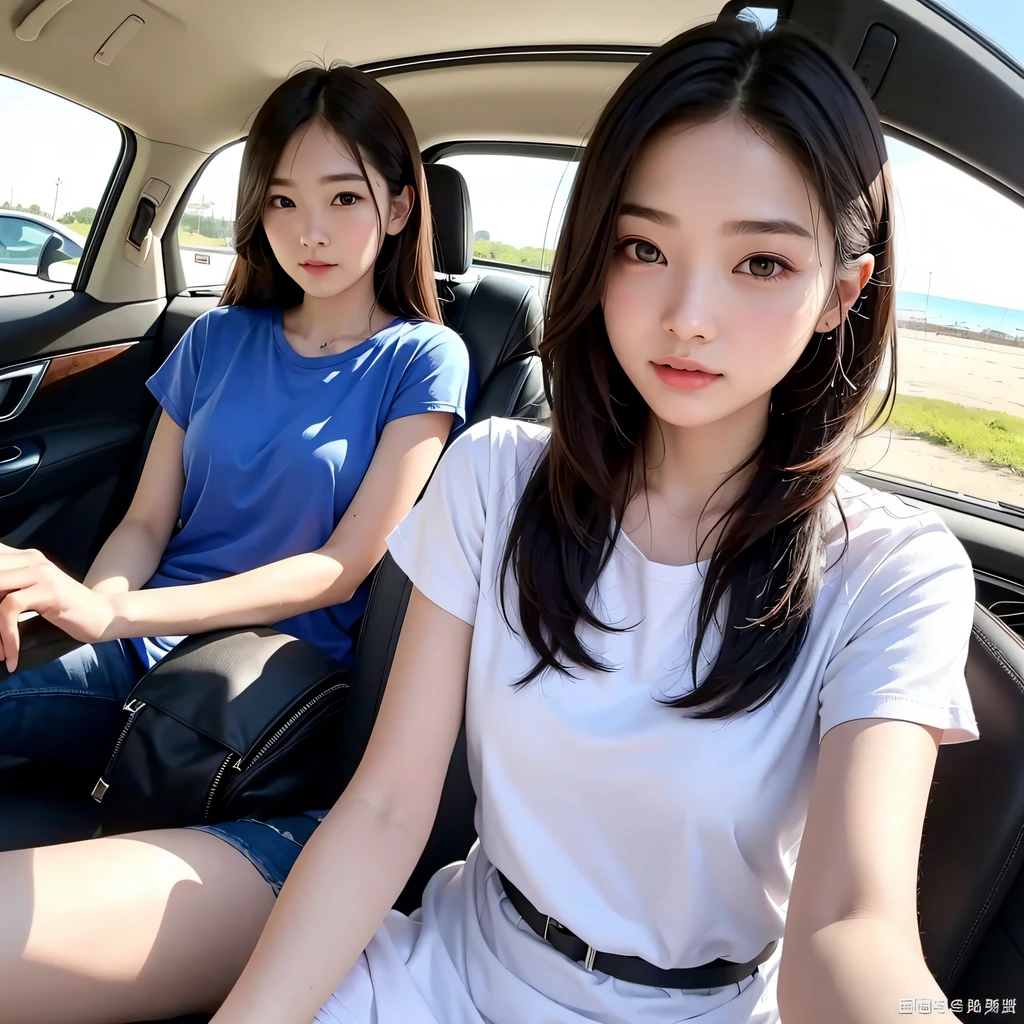 masterpiece、Two beautiful girls、A detailed eye、超A high resolution(reality:1.4)very extremely beautiful, Beautiful skins, A slender,skinny body、being thin、thin and long legs、 Forward-facing body, (A hyper-realistic), (hight resolution), (8K), (ighly detailed), (ultra-detailliert), 详细的脸,、Ecstatic look、Both of them naked、twin homosexuality、NSFW、In the car、Perfect proportions、Lesbian sex