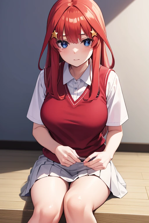 Satsuki Nakano, Itsuki Nakano, Bangs, Blue eyes, hair between eye, Ahoge, Red hair, Star \(symbol\), Hair Ornament, Star hair ornament,
BREAK skirt, Shirt, School uniform, 鎖骨, White shirt, Short sleeves, Pleated skirt, sox, Collared shirt, Miniskirt, knee high, White socks, Green skirt, Sweater Vest, Red Sweater Vest,
Break indoors, School, crass room,
BREAK looking at viewer, BREAK (masutepiece:1.2), Best Quality, High resolution, Unity 8k壁纸, (Illustration:0.8), (Beautiful detailed eyes:1.6), extra detailed face, Perfect Lighting, extremely details CG, (Perfect hands, Perfect ???????),Black pantyhose