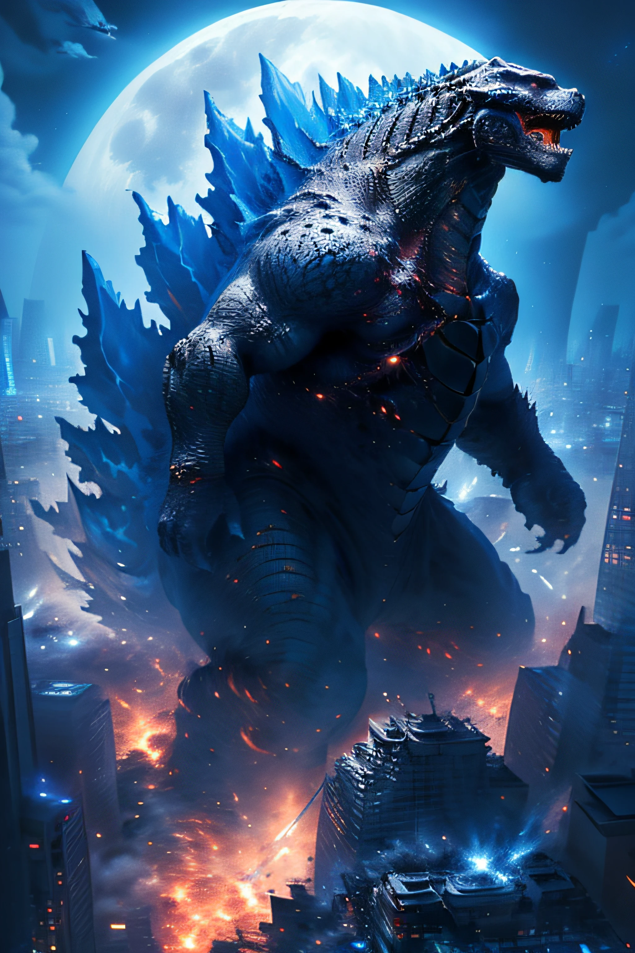 ((best quality)),((masterpiece)),((highres)),((detailed)),no humans,weapon,blue theme,Jet energy beam,
GodzillaXP, GZBD,monster,godzilla, full body, blue eyes,yellow spines,
in city center,moon,fire,explosion, Aerial view ,
