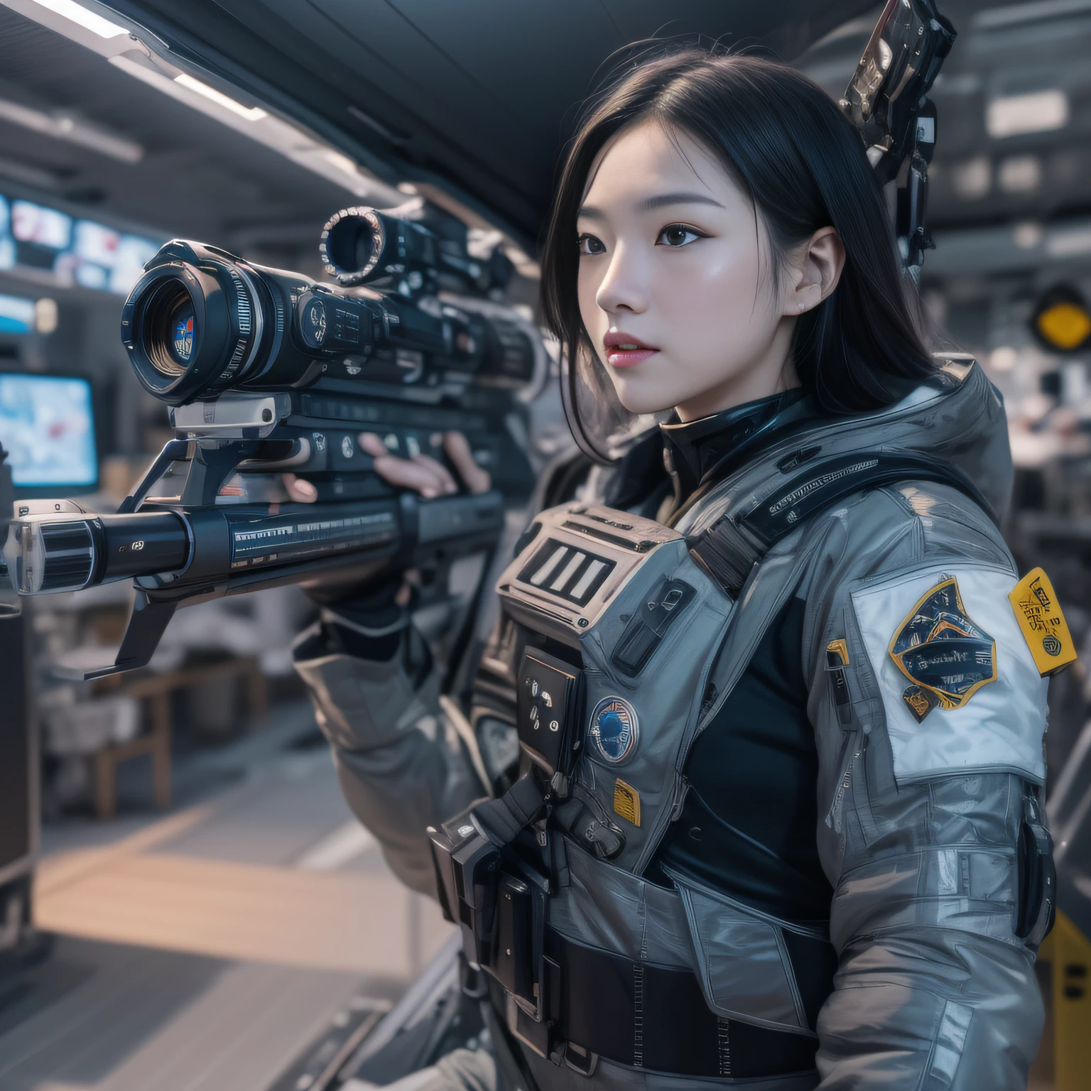 16k, RAW photogr, top-quality，Half a body，Lateral face，Look up at the perspective, tmasterpiece（hyper HD）with short brown hair，outerspace，inside a space station （realistically：1.4），Spacesuit， A high resolution， the detail， RAW photos， sharp re， Nikon D850 film photo by Jefferies Lee 4 Kodak Portra 400 camera F1.6 guns, Lots of colors, Hyper Real、Vivid textures, dramatic lights, Unreal Engine Art Station Trend, Silicon Nest 800，