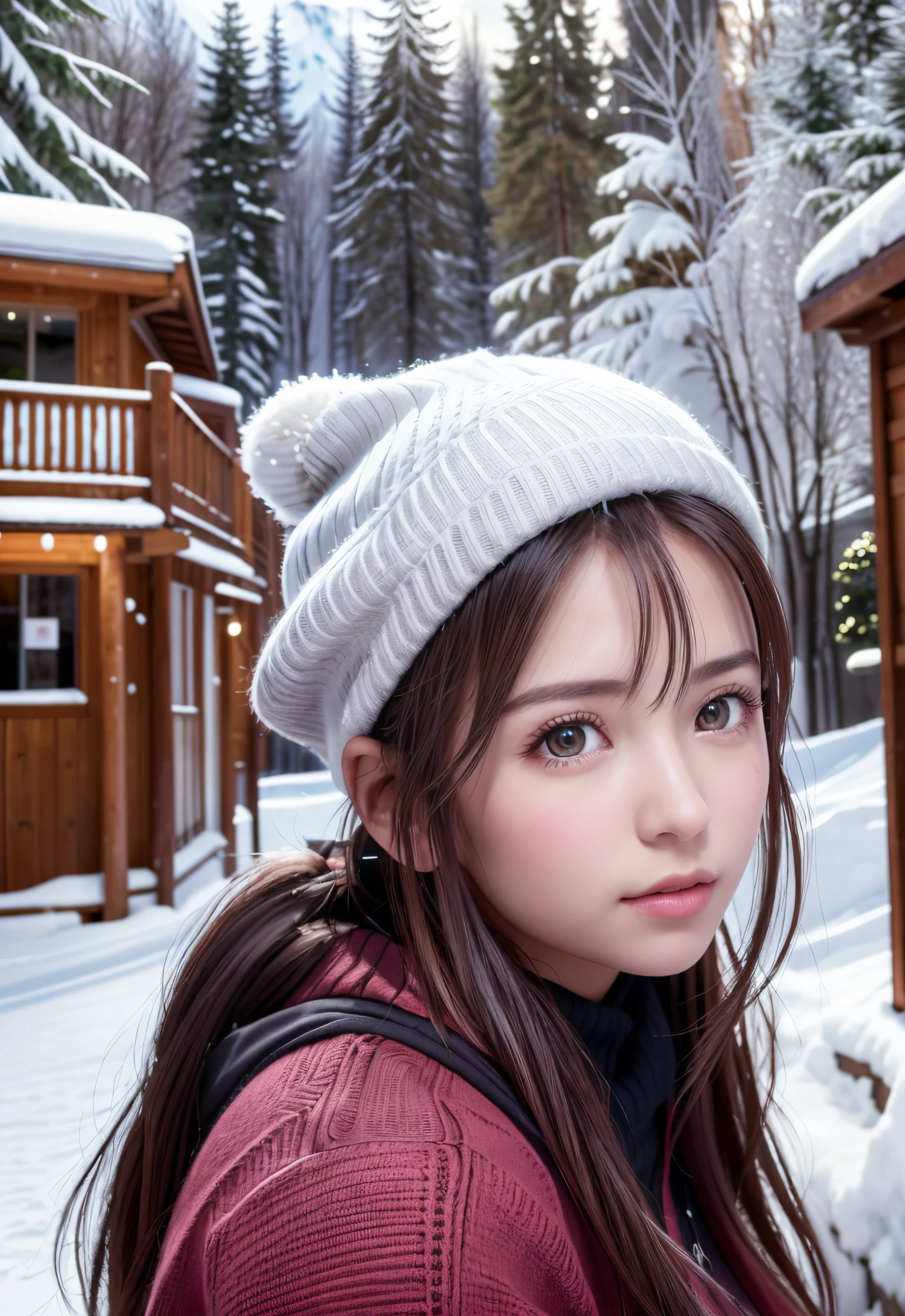 8K, of the highest quality, masutepiece:1.2), (Realistic, Photorealsitic:1.37), of the highest quality, masutepiece, Beautiful young woman, Pensive expression,、A charming、and an inviting look, skiing、snowboarder、Ski Wear, Hair tied back, Cinematic background, Light skin tone、Ski Resort Background
