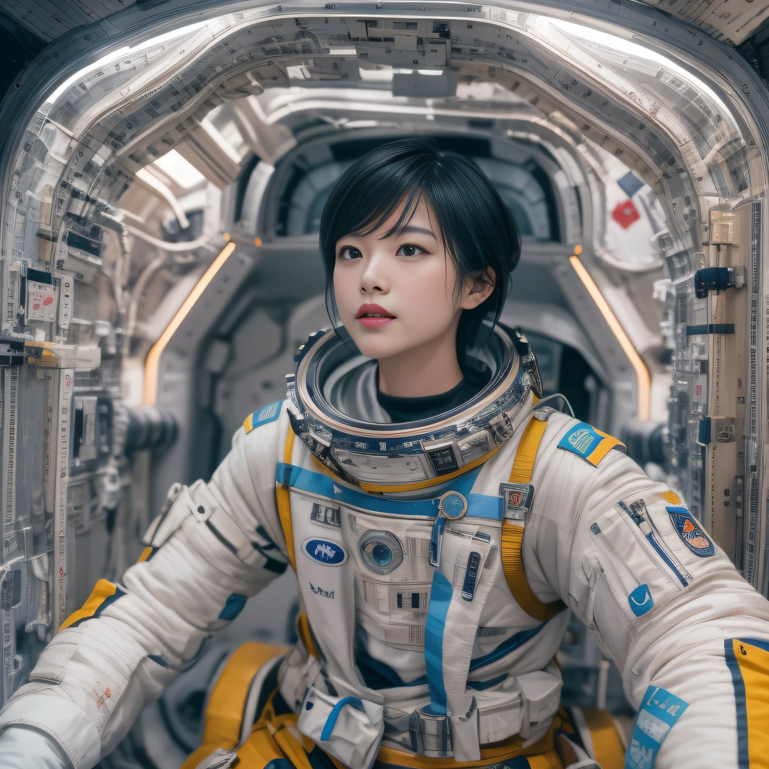16k, RAW photogr, top-quality，Half a body，Lateral face，Look up at the perspective, tmasterpiece（hyper HD）with short brown hair，outerspace，inside a space station （realistically：1.4），Spacesuit， A high resolution， the detail， RAW photos， sharp re， Nikon D850 film photo by Jefferies Lee 4 Kodak Portra 400 camera F1.6 guns, Lots of colors, Hyper Real、Vivid textures, dramatic lights, Unreal Engine Art Station Trend, Silicon Nest 800，