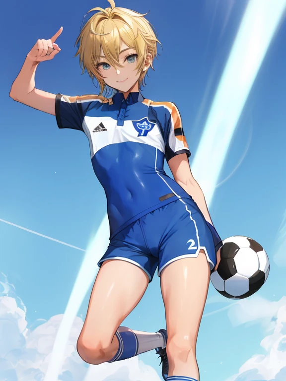 (((official art,Super thin illustration,High resolution, muste piece, best quality,best quality,)))high quality, detailed, ( boy),12 yeaung ace striker male idol with a super cute face,A boy as beautiful as Planding, Cool handsome face with smile, soccer spike, long legs, thighs, Foots, Bulge, (blonde hair、short hair)、shiny hair, (Tight shiny random color soccer uniform suit), (tight and shiny soccer shorts), (Soccer Socks), grassy area, cool pose, (厚いthighs、Seduce your big ass to your crotch)、(((soccer field in the park)))、((Saucy、))、grinning grin、spread legs,ultra fine painting, (best quality, In 4K, 8K, High resolution, muste piece:1.2),(((Being aware of the sexual gaze of middle-aged gay men)))、Service Shots、((detailedな目:1.2))、cute eyes、showing off his big butt、proud butt、hair band、(((seducing)))