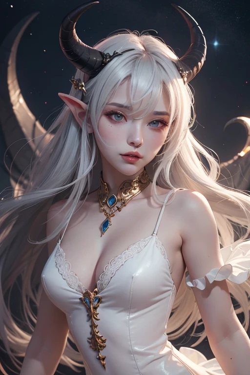 Drawing of a woman with horns and a white dress, tiefling, DND portraits make you stand out, Tiefling Os D & D, Mobius + loish + wlop, Universe tile D&D, Horny, Portrait of a demon girl, Devil Girl, He's white, the Demon Queen., Wlop RossDraws, Loish and wlop