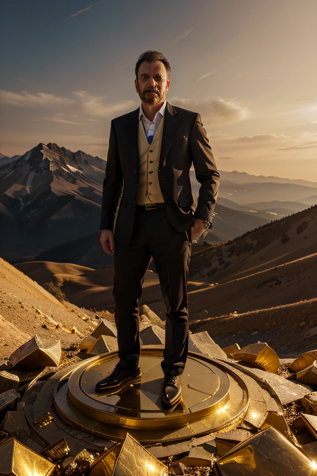 a evil man standing on mountain of gold and money