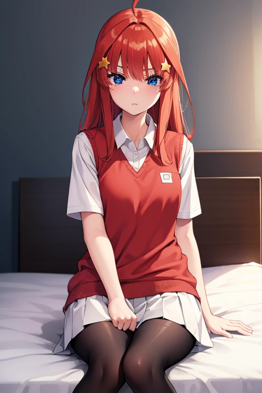 Satsuki Nakano, Itsuki Nakano, Bangs, Blue eyes, hair between eye, Ahoge, Red hair, Star \(symbol\), Hair Ornament, Star hair ornament,
BREAK skirt, Shirt, School uniform, 鎖骨, White shirt, Short sleeves, Pleated skirt, sox, Collared shirt, Miniskirt, knee high, White socks, Green skirt, Sweater Vest, Red Sweater Vest,
Break indoors, School, crass room,
BREAK looking at viewer, BREAK (masutepiece:1.2), Best Quality, High resolution, Unity 8k壁纸, (Illustration:0.8), (Beautiful detailed eyes:1.6), extra detailed face, Perfect Lighting, extremely details CG, (Perfect hands, Perfect Anatomy),Black tights