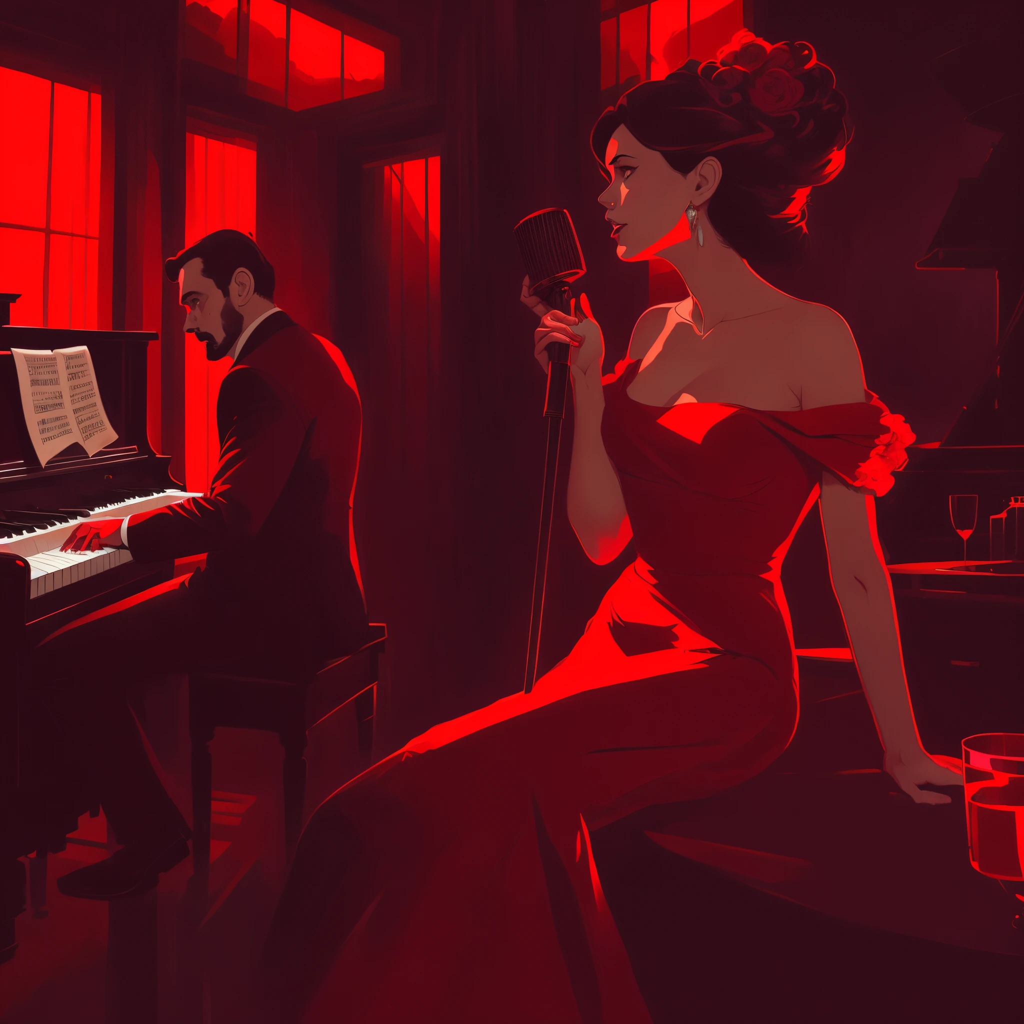 A picture of a woman in a red dress and a man in a suit sitting in front of a piano, beautiful digital works of art, Pino Dani and Dan Mumford, Anton Fadeev, dramatic artwork, elegant digital painting, by Eugeniusz Zak, by Gabriel Ba, beautiful artwork, by Alexander Kucharsky, Exquisite digital illustration, inspired by Art Frahm