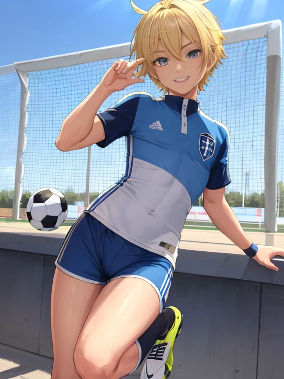Solo, 12 years old, A young ace striker male idol with a cute face, twinks、Cool boyfriend, Standing, Cool handsome face with smile, blue soccer cleats, Long legs, thighs thighs thighs thighs, Foots, Bulge, (blonde hair、)、 Short, Straight, spiky, Shiny hair, beautiful boy eyes,((blue soccer tight thin uniform)), (blue tight soccer shorts), (White Soccer Socks), skyporn, tussock, Cool pose, small height、Looking at the camera、