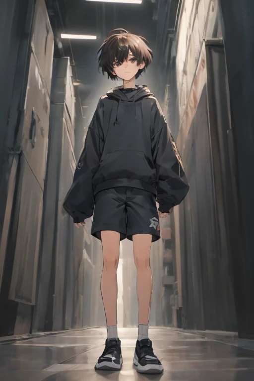 black short military haircut, character reference, Black eyes, Black Big Shirt, black baggy shorts, White shoes, Man's, Full body, Character Design , Reference Sheet, Front Angle, Side Angle, Rear Angle,